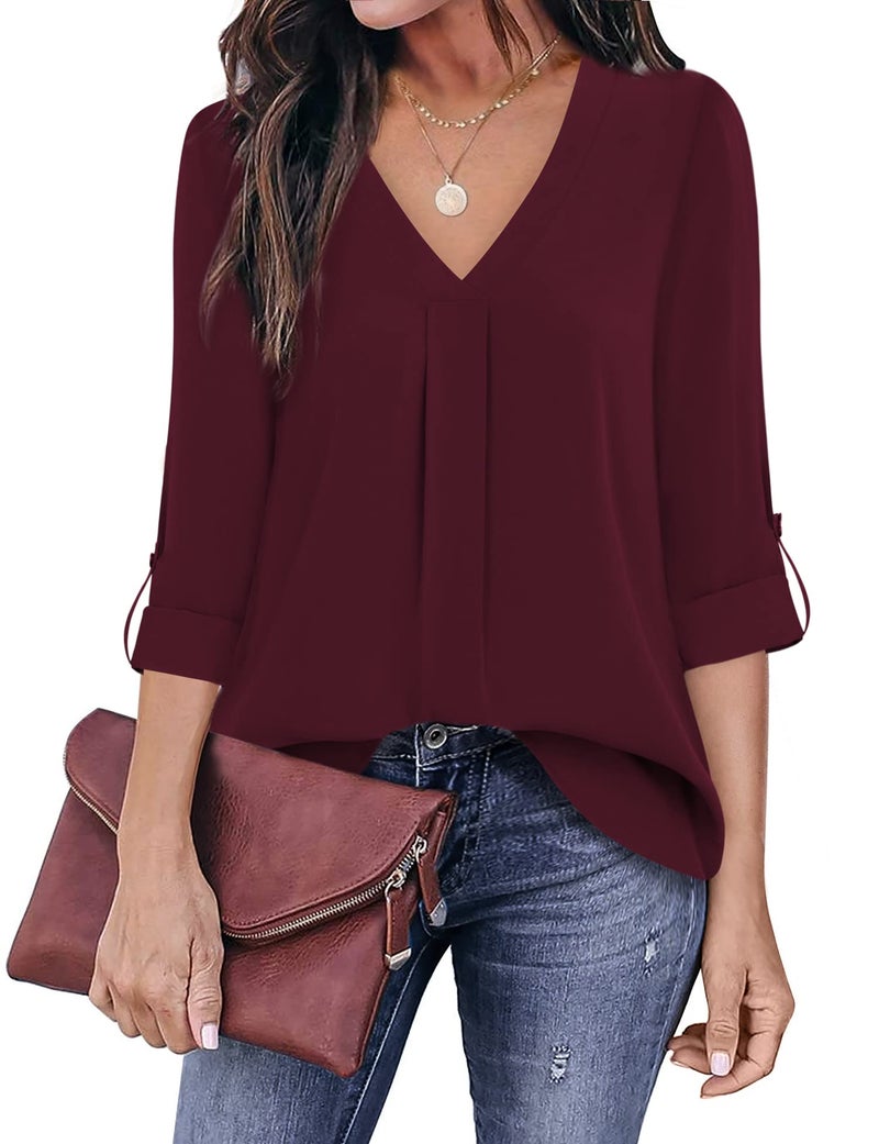 Youtalia Chiffon Blouses for Women, Women's Tops Roll Sleeve Shirt Cute V Neck Pleated Blouse Solid Color Loose Fit Plus Size Tops Dark Red X-Large - Image 2
